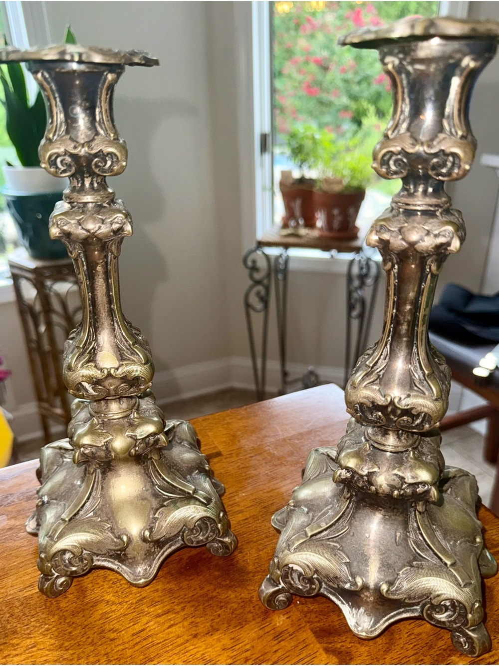2 Antique 1900s Warsaw Silver plate Candlesticks Tall Jakubowski Jarra Shabbat